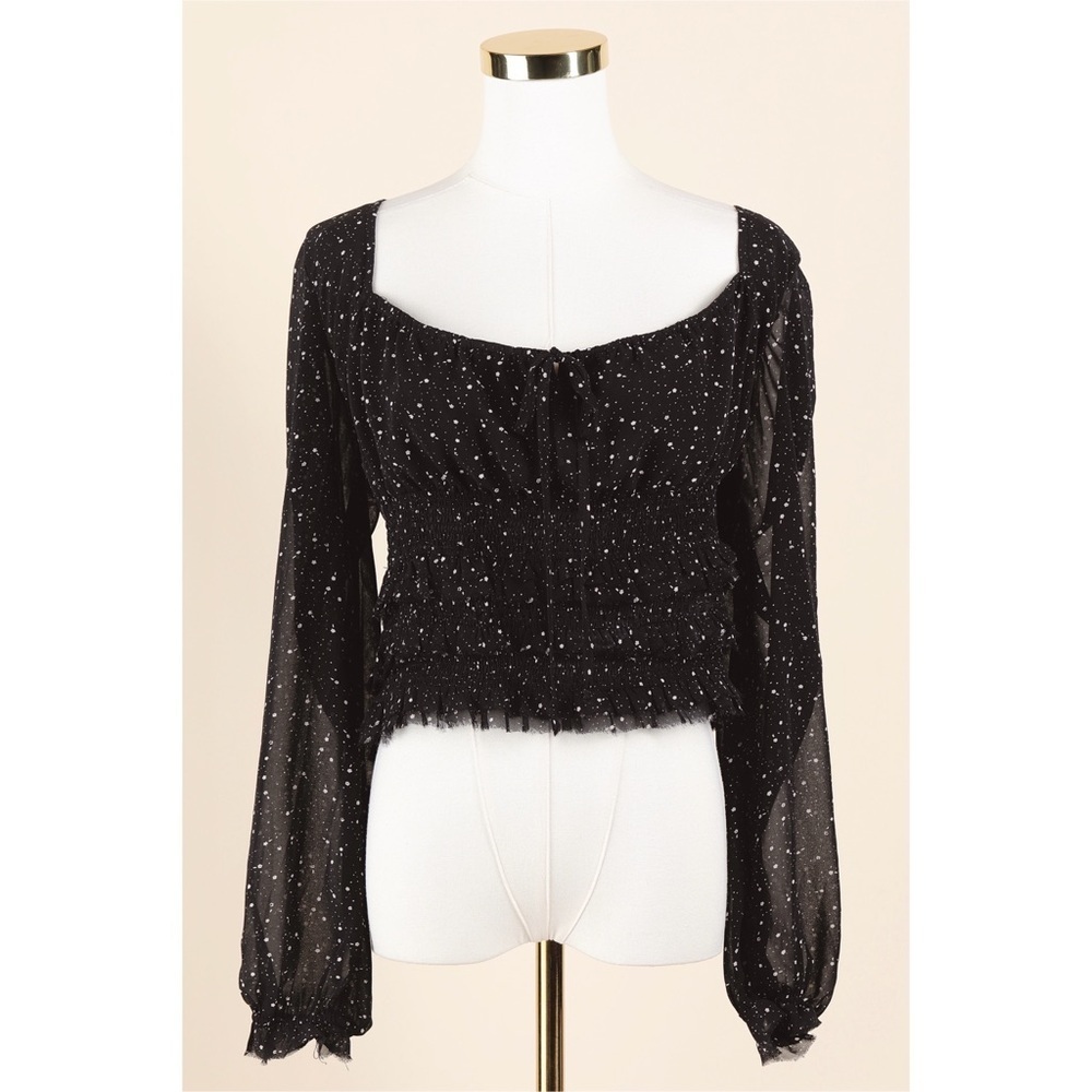 Sz M Millibon Black & White Speckled Ruffle Sleeve Raw Hem Cropped Blouse NWOT